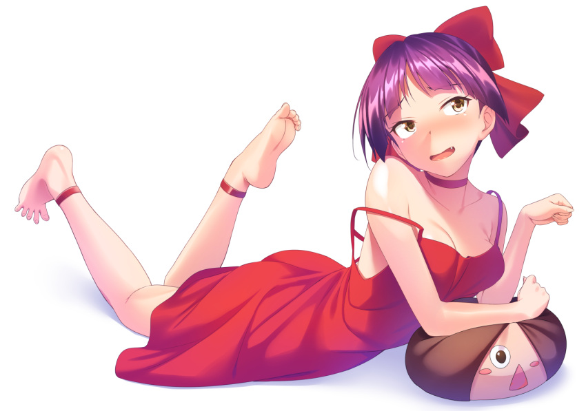 1girl ankle_strap bangs bare_shoulders barefoot bow breasts character_doll cleavage dress embarrassed fang feet gegege_no_kitarou hair_bow kitarou looking_away lying nekomusume nekomusume_(gegege_no_kitarou_6) on_stomach parted_bangs paw_pose pillow purple_hair red_dress shiny shiny_hair short_hair simple_background small_breasts soles solo strap_slip tenkuu_nozora toes triangle_mouth white_background yellow_eyes