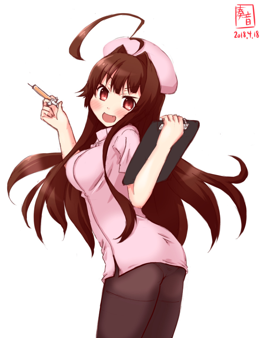 1girl ahoge ass brown_hair clipboard commentary_request cosplay cowboy_shot dated from_behind highres huge_ahoge kanon_(kurogane_knights) kantai_collection kuma_(kantai_collection) logo long_hair looking_at_viewer nurse open_mouth panties panties_under_pantyhose pantyhose red_eyes simple_background smile solo syringe underwear white_background