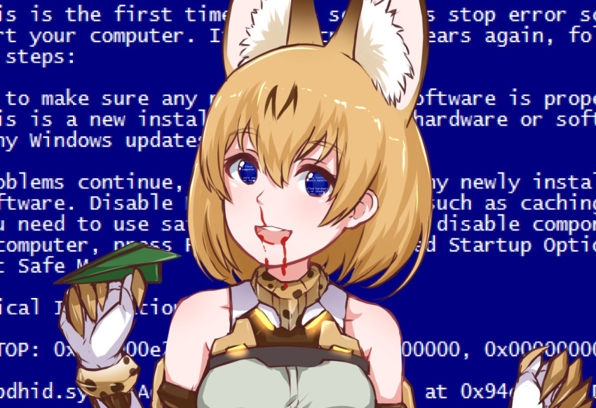 1girl :d animal_ears bare_shoulders blood blood_from_mouth blood_on_face blue_screen_of_death claws disco_brando empty_eyes eyebrows_visible_through_hair gloves hair_between_eyes holding kemono_friends looking_at_viewer open_mouth orange_hair round_teeth serval_(kemono_friends) serval_ears serval_print short_hair sleeveless smile solo teeth upper_body white_gloves