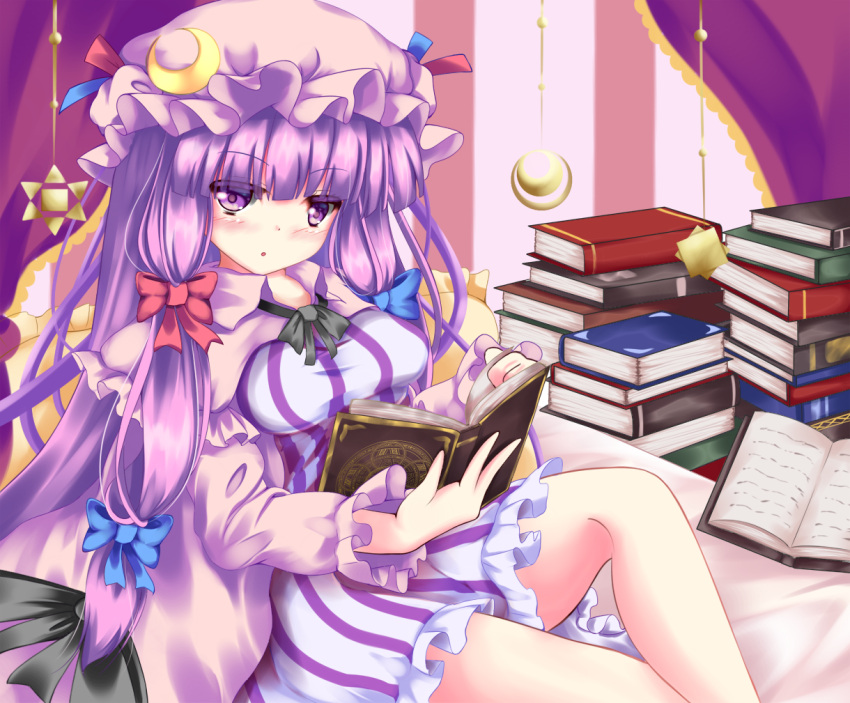 1girl :o bangs blunt_bangs book book_stack breasts crescent_moon_symbol curtains double_bun dress eyebrows_visible_through_hair feet_out_of_frame frilled_dress frills hair_ribbon hat indoors knee_up long_hair looking_at_viewer magic_circle medium_breasts mob_cap on_bed open_book outstretched_leg patchouli_knowledge pillow purple_hair ribbon robe sidelocks sitting solo striped striped_background striped_dress sun_(symbol) touhou tress_ribbon unory very_long_hair violet_eyes