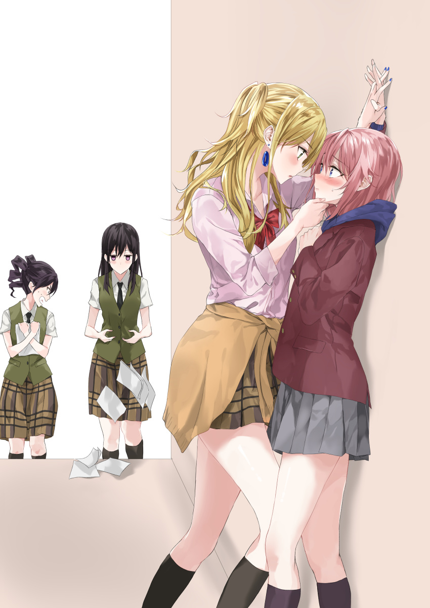 4girls absurdres against_wall aihara_mei aihara_yuzu black_hair black_legwear black_neckwear blonde_hair blue_eyes blue_nails blush bow bowtie brown_coat brown_skirt brown_sweater citrus_(saburouta) clothes_around_waist coat earrings eye_contact eyebrows_visible_through_hair fujisaki_ribbon green_vest grey_skirt hair_between_eyes hand_holding highres jewelry kneehighs long_hair looking_at_another miniskirt mizusawa_matsuri momokino_himeko multiple_girls nail_polish open_mouth pink_hair pink_shirt pleated_skirt red_bow red_neckwear school_uniform shirt short_hair short_sleeves skirt stairs sweatdrop sweater sweater_around_waist two_side_up vest violet_eyes white_shirt yuri