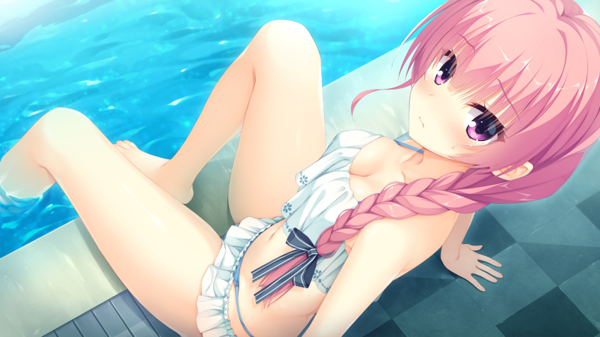 1girl arm_support bikini bikini_skirt blush braid breasts cleavage eyebrows_visible_through_hair from_above game_cg hair_over_shoulder highres kobuichi leaning_back long_hair looking_at_viewer low-tied_long_hair medium_breasts mitsukasa_ayase official_art pink_eyes pink_hair poolside riddle_joker sitting soaking_feet solo swimsuit water