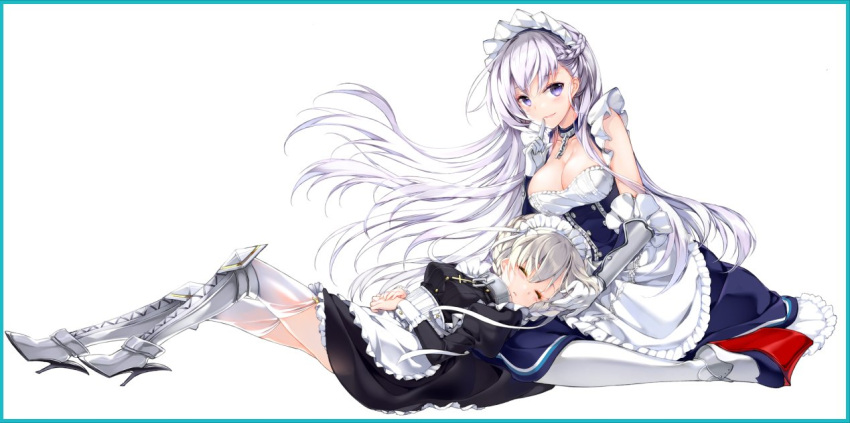 2girls apron azur_lane bangs belfast_(azur_lane) black_dress blonde_hair blue_eyes blush boots border braid breasts chains cleavage closed_eyes collar collarbone cross dress eyebrows_visible_through_hair finger_to_mouth floating_hair french_braid frilled_gloves frills garter_straps gauntlets gloves hair_between_eyes hair_over_one_eye hands_together high_heel_boots high_heels juna knee_boots kneehighs knees_up lap_pillow large_breasts long_hair long_sleeves looking_at_viewer lying maid maid_headdress medium_breasts multiple_girls rudder_shoes sheffield_(azur_lane) short_hair shushing sidelocks silver_hair simple_background sitting sleeping smile thigh-highs thighs wariza white_apron white_background white_gloves white_legwear