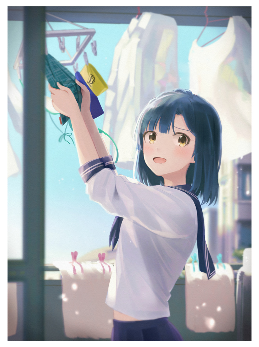 1girl :d arms_up balcony blue_hair blue_sailor_collar blue_sky blurry blurry_background blush character_name clothes_hanger day depth_of_field from_side highres hinoshita_akame idolmaster idolmaster_million_live! looking_at_viewer looking_to_the_side nanao_yuriko open_mouth outdoors raised_eyebrows sailor_collar school_uniform serafuku shirt short_hair sky sleeves_past_elbows smile solo sunlight tareme upper_body white_shirt yellow_eyes