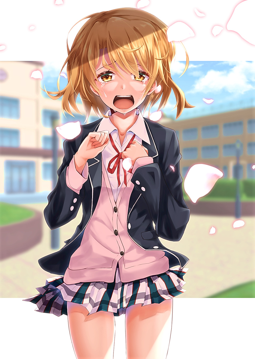 1girl black_jacket blonde_hair cardigan cowboy_shot crying crying_with_eyes_open eyebrows_visible_through_hair hair_between_eyes highres isshiki_iroha jacket looking_at_viewer miniskirt neck_ribbon open_clothes open_jacket open_mouth pink_cardigan plaid plaid_skirt pleated_skirt red_ribbon ribbon sarujie_(broken_monky) shirt short_hair skirt solo standing striped striped_skirt tears white_shirt yahari_ore_no_seishun_lovecome_wa_machigatteiru. yellow_eyes