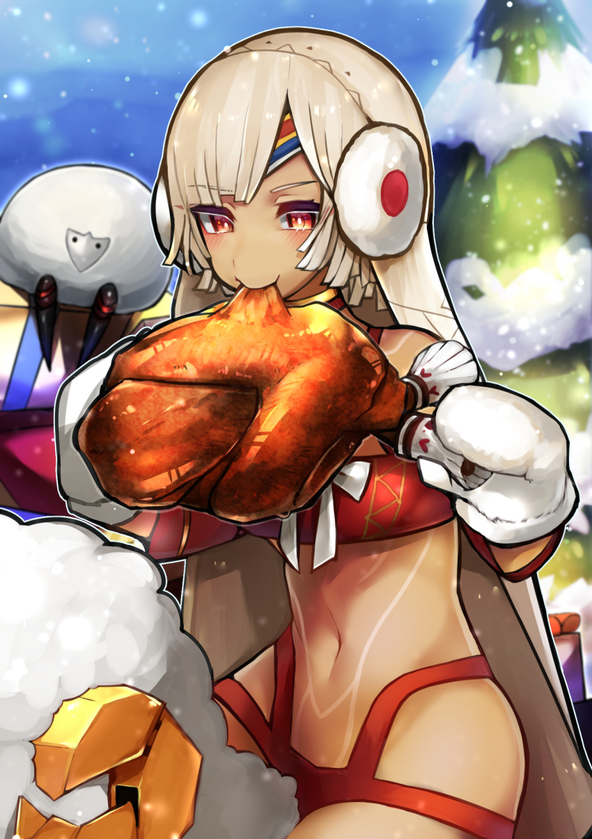 1girl altera_(fate) altera_the_santa bangs bare_shoulders blue_sky blush box breasts chicken_(food) choker christmas closed_mouth colored_eyelashes commentary_request dark_skin day detached_sleeves earmuffs eating eyebrows_visible_through_hair fate/grand_order fate_(series) food full_body_tattoo gift gift_box half-closed_eyes hands_up highres holding holding_food long_sleeves looking_down mittens navel outdoors parted_bangs red_choker red_eyes reirou_(chokoonnpu) revealing_clothes riding sheep short_hair sky small_breasts snow snowing stomach straddling tattoo tree veil white_hair white_mittens white_pupils