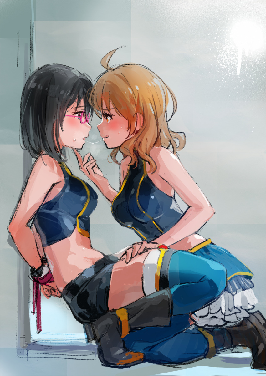 2girls ahoge araki_hina black_hair blue_eyes blue_legwear blush bound bound_wrists from_side hand_on_another's_chin hand_on_another's_thigh highres idolmaster idolmaster_cinderella_girls kamijou_haruna kneeling licking_lips looking_at_another luncheon_meat_umai medium_hair midriff multiple_girls orange_eyes orange_hair pink-framed_eyewear restrained saliva saliva_trail short_shorts shorts skirt sleeveless sweat thigh-highs tongue tongue_out yuri