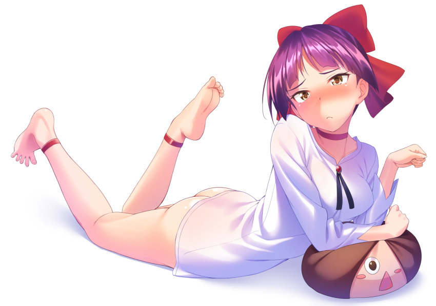 1girl ankle_strap ass bangs barefoot blush bottomless bow breasts character_doll choker feet frown gegege_no_kitarou hair_bow kitarou looking_at_viewer lying naked_shirt nekomusume nekomusume_(gegege_no_kitarou_6) on_stomach parted_bangs paw_pose pillow purple_hair shiny shiny_hair shirt short_hair simple_background small_breasts soles solo tenkuu_nozora toes triangle_mouth white_background white_shirt yellow_eyes