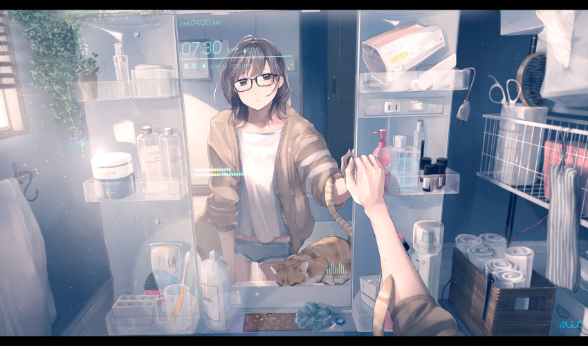 1girl absurdres artist_name bathroom boyshorts brown_eyes brown_hair cardigan cat commentary_request female_pov glasses highres indoors letterboxed light_particles maeda_mic mirror original pov reflection solo sunlight