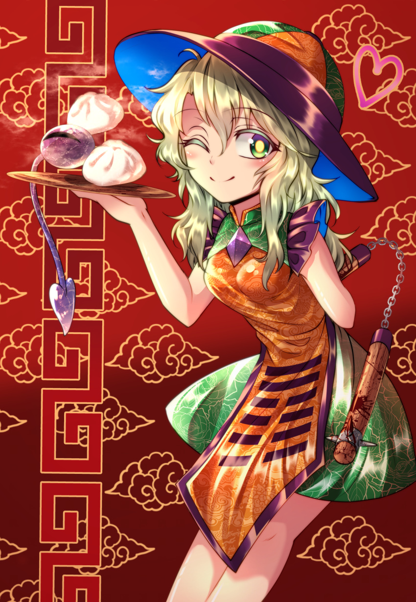 1girl ;) arm_behind_back baozi bare_arms blood breasts bright_pupils chains cloud_print eyebrows_visible_through_hair food green_eyes green_hair green_skirt hair_between_eyes hand_up hat heart highres holding komeiji_koishi leaning_forward looking_at_viewer medium_breasts miniskirt nomayo nunchaku one_eye_closed red_background skirt smile solo spikes standing tabard third_eye touhou tray weapon
