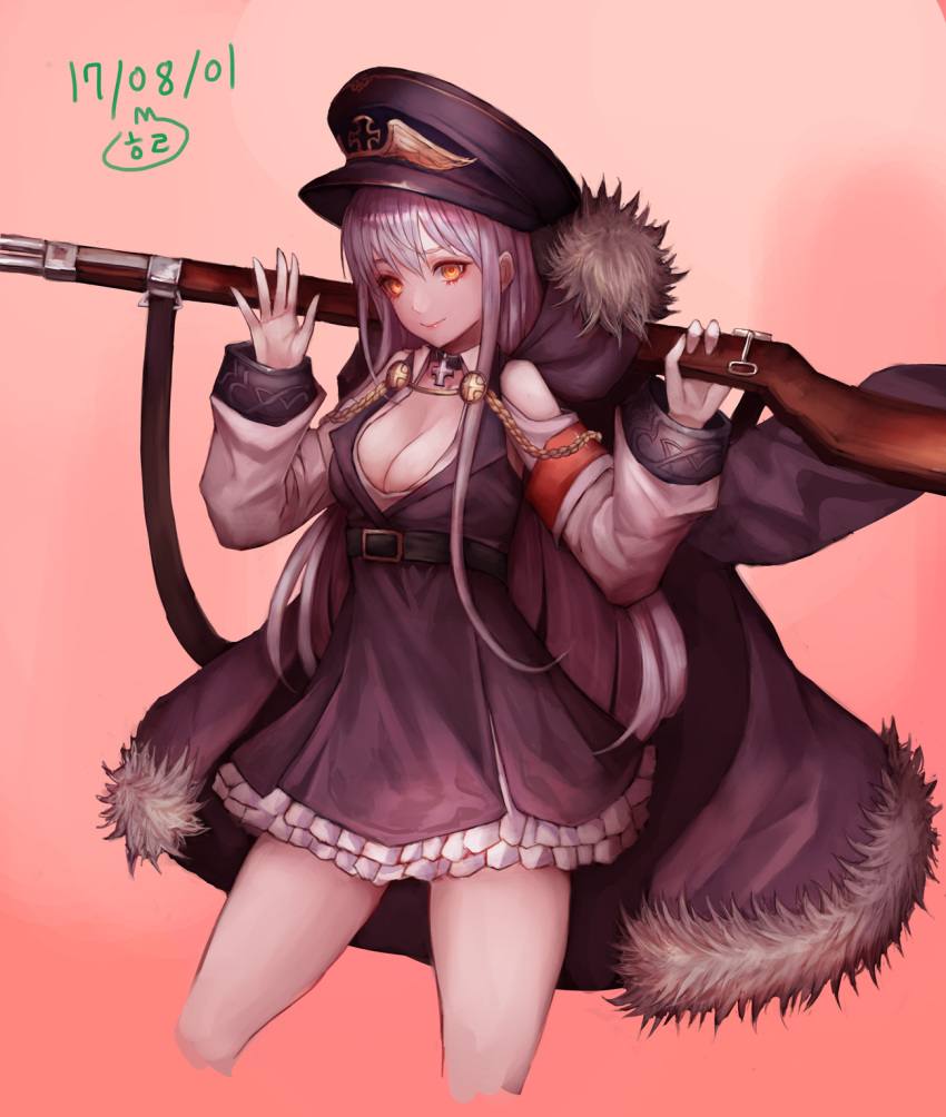 1girl aiguillette armband bangs belt black_hat blush bolt_action boots breasts buckle cleavage coat cropped_legs dress eyebrows_visible_through_hair fur-trimmed_coat fur_trim girls_frontline gun hair_between_eyes hara hat highres holding holding_gun holding_weapon iron_cross jacket_on_shoulders kar98k_(girls_frontline) long_hair long_sleeves looking_at_viewer mauser_98 medium_breasts orange_eyes peaked_cap rifle shoulder_cutout sidelocks signature silver_hair simple_background smile solo thigh-highs very_long_hair waving weapon white_hair wide_sleeves