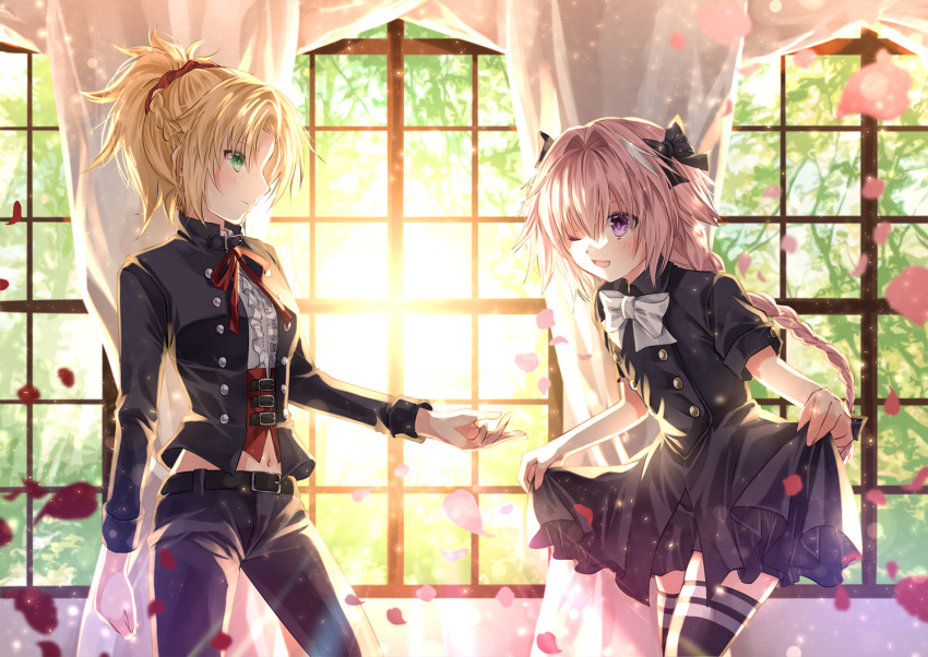 1boy 1girl astolfo_(fate) belt black_bow black_dress black_jacket black_legwear blonde_hair bow braid crossdressinging curtains dress fate/apocrypha fate/grand_order fate_(series) french_braid green_eyes hair_ribbon iroha_(shiki) jacket long_braid mordred_(fate) mordred_(fate)_(all) navel neck_bow one_eye_closed open_mouth pants pink_hair red_bow red_neckwear ribbon short_sleeves single_braid thigh-highs trap violet_eyes window