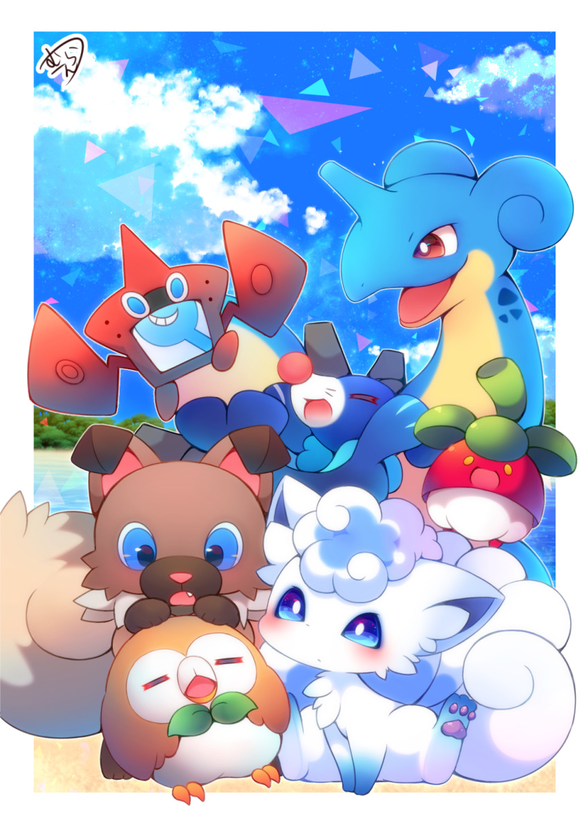 :d =_= alola_form alolan_vulpix beach bird blue_eyes blue_sky blush bounsweet brown_eyes closed_eyes closed_mouth clouds day dragonite gen_1_pokemon gen_4_pokemon gen_7_pokemon highres muuran no_humans open_mouth orange_eyes outdoors owl pokemon pokemon_(creature) popplio rockruff rotom rotom_dex rowlet sand signature sky smile water