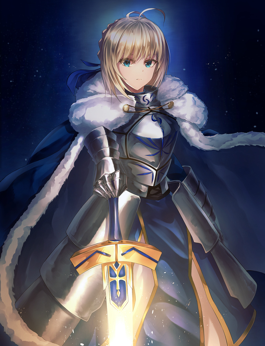 1girl ahoge armor armored_dress artoria_pendragon_(all) blonde_hair blue_dress blue_eyes dress excalibur fate/stay_night fate_(series) gauntlets hair_between_eyes hand_on_hilt highres limit_x saber short_hair solo standing