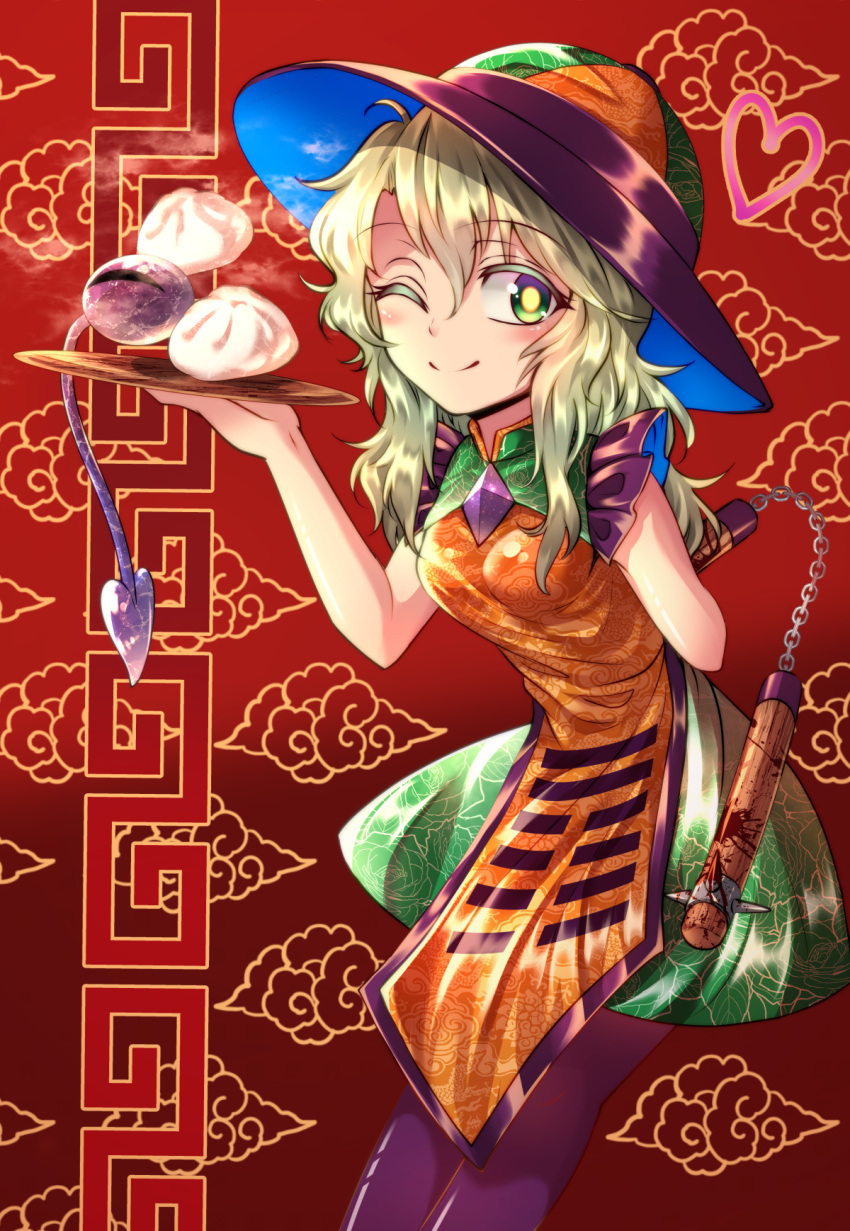 1girl ;) arm_behind_back baozi bare_arms blood breasts bright_pupils chains cloud_print eyebrows_visible_through_hair food green_eyes green_hair green_skirt hair_between_eyes hand_up hat heart highres holding komeiji_koishi leaning_forward looking_at_viewer medium_breasts miniskirt nomayo nunchaku one_eye_closed pantyhose purple_legwear red_background skirt smile solo spikes standing tabard third_eye touhou tray weapon