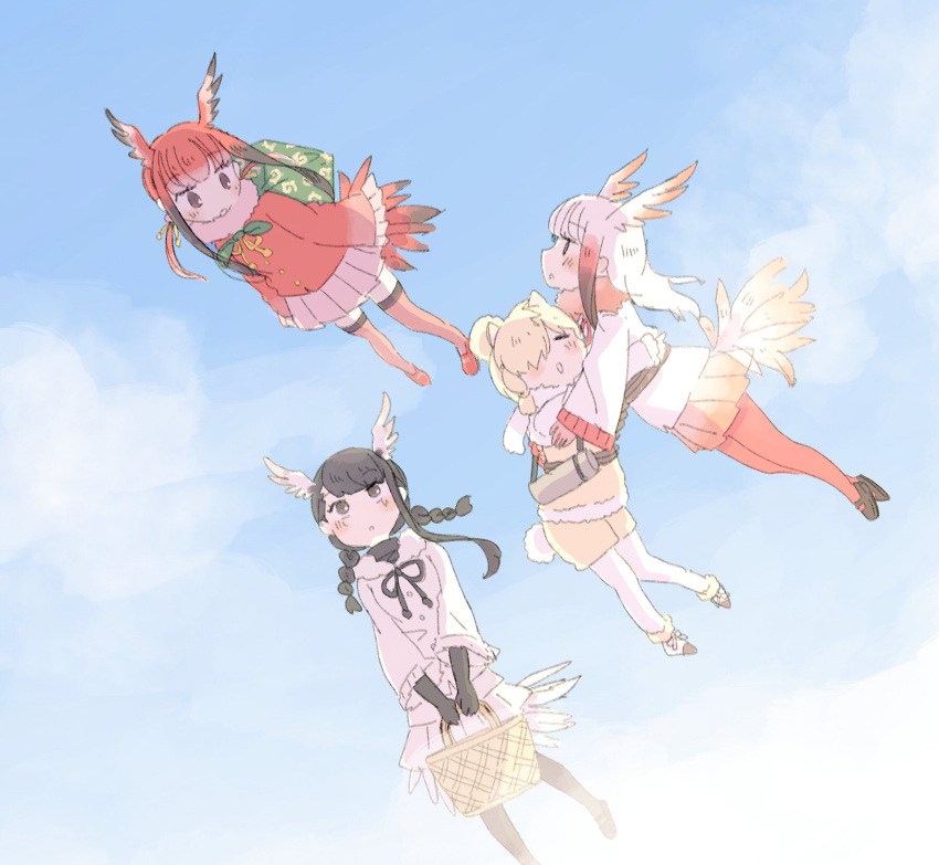 4girls alpaca_ears alpaca_suri_(kemono_friends) alpaca_tail bangs bird_tail bird_wings black-headed_ibis_(kemono_friends) black_hair blush box braid canteen carrying closed_eyes elbow_gloves eyebrows_visible_through_hair flying frilled_sleeves frills fur_collar gloves hair_bun hair_over_one_eye hair_tubes hasu_(zatsugami) head_wings highres japanese_crested_ibis_(kemono_friends) japari_symbol kemono_friends long_sleeves multicolored_hair multiple_girls neck_ribbon pantyhose picnic_basket pleated_skirt redhead ribbon scarlet_ibis_(kemono_friends) short_hair shorts sidelocks skirt sky thigh-highs twin_braids twintails white_hair wings wrapped_up