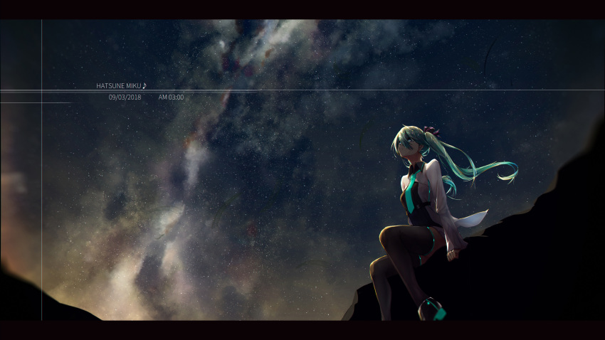 1girl absurdres aqua_neckwear black_legwear black_ribbon eyebrows_visible_through_hair floating_hair green_hair hair_between_eyes hair_ribbon hatsune_miku highres long_hair necktie night outdoors ribbon scenery sitting sky solo star_(sky) starry_sky thigh-highs twintails vocaloid xy_(pixiv8783776)
