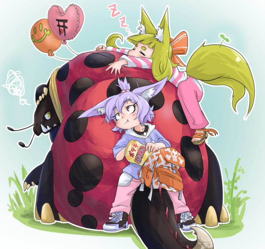 2girls :t =_= animal animal_ears backpack backpack_removed bag balloon bangs blonde_hair blush brown_footwear chips closed_eyes dog_child_(doitsuken) dog_ears doitsuken eating eyebrows_visible_through_hair food fox_child_(doitsuken) fox_ears grass high_ponytail highres hood hood_down hoodie hug insect ladybug looking_up multiple_girls multiple_tails original outdoors oversized_animal pants pink_pants purple_hair red_eyes sandals shirt shoes short_hair slit_pupils smile squiggle striped striped_shirt tail torii two_tails zzz