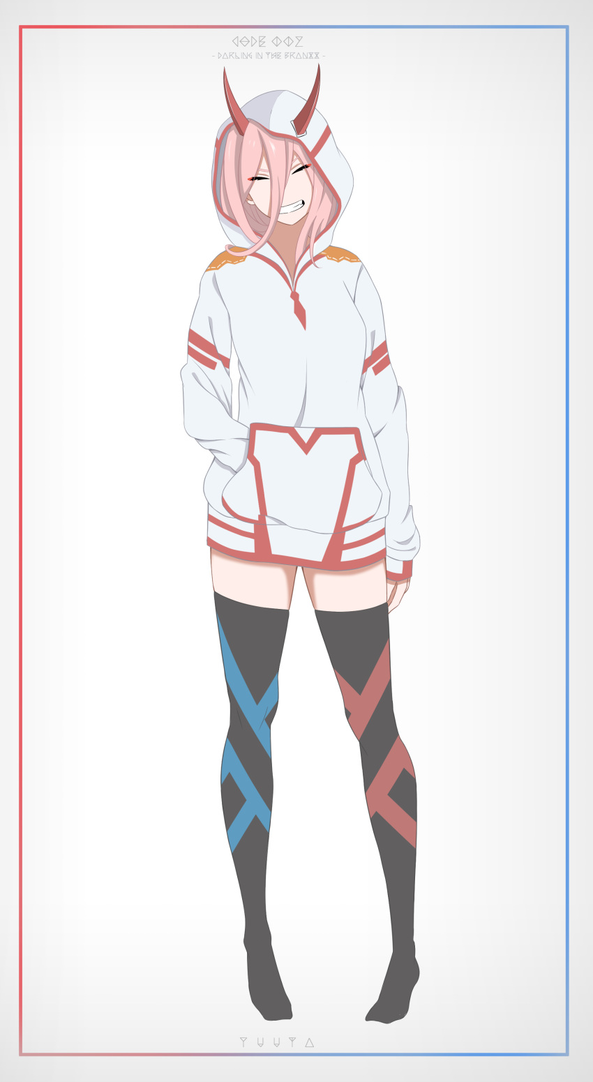 1girl :d absurdres adapted_costume arm_at_side artist_name black_legwear border character_name copyright_name darling_in_the_franxx facing_viewer full_body grey_background grin hair_between_eyes hand_in_pocket head_tilt highres hood hood_up hoodie horns legs_apart long_sleeves no_pants open_mouth pigeon-toed pink_hair pocket short_hair simple_background sleeves_past_wrists smile solo squatting teeth thigh-highs v-shaped_eyebrows white_hoodie yuuta_(yuuta0312) zero_two_(darling_in_the_franxx) zettai_ryouiki