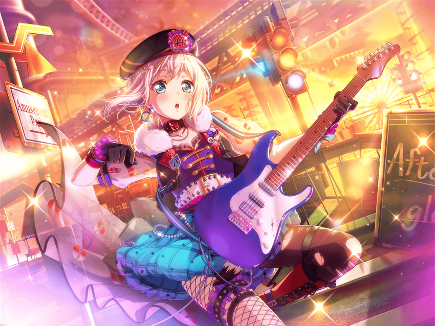 aoba_moca bang_dream! blue_eyes blush grey_hair guitar hat jacket short_hair