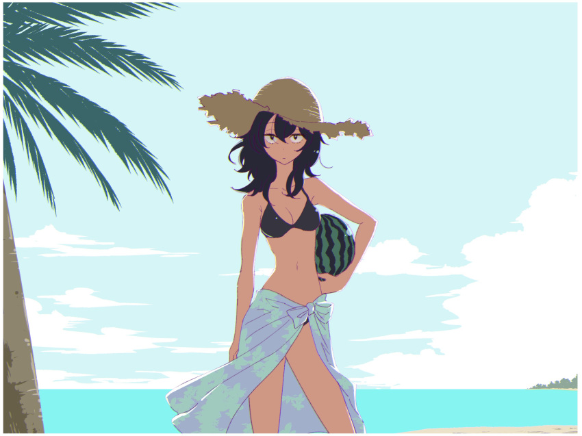 1girl andou_(girls_und_panzer) bangs beach bikini black_bikini black_hair breasts brown_eyes brown_hat cleavage closed_mouth clouds cloudy_sky commentary dark_skin day food fruit girls_und_panzer hand_on_hip hat highres holding inumoto light_frown looking_at_viewer medium_breasts medium_hair navel ocean outdoors palm_tree sarong sky solo standing straw_hat sun_hat swimsuit tree watermelon