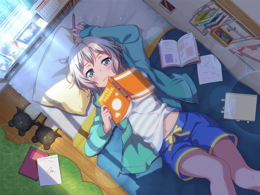 aoba_moca bang_dream! blanket blue_eyes blush dress grey_hair open_book short_hair