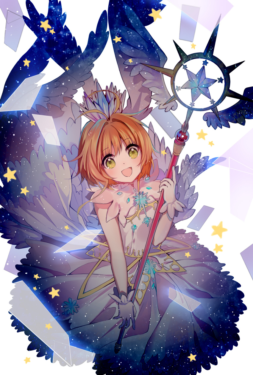 1girl :d antenna_hair brown_hair card_captor_sakura clear_card crown eyebrows_visible_through_hair feathered_wings gloves green_eyes highres holding holding_staff kakami_(pixiv7616827) kinomoto_sakura open_mouth shirt short_hair_with_long_locks sidelocks skirt sleeveless sleeveless_shirt smile solo staff standing star white_gloves white_shirt white_skirt white_wings wings yume_no_tsue