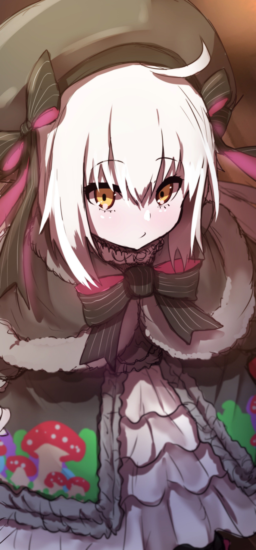 1girl absurdres ahoge bangs beret black_bow black_capelet black_dress black_hat blush bow brown_eyes capelet closed_mouth commentary_request cosplay dress eyebrows_visible_through_hair fate/extra fate/grand_order fate_(series) food_print fur-trimmed_capelet fur_trim gothic_lolita hair_between_eyes hat hat_bow highres jeanne_d'arc_(fate)_(all) jeanne_d'arc_alter_santa_lily lolita_fashion long_hair looking_at_viewer mushroom_print nursery_rhyme_(fate/extra) nursery_rhyme_(fate/extra)_(cosplay) print_dress silver_hair solo striped striped_bow wada_kazu