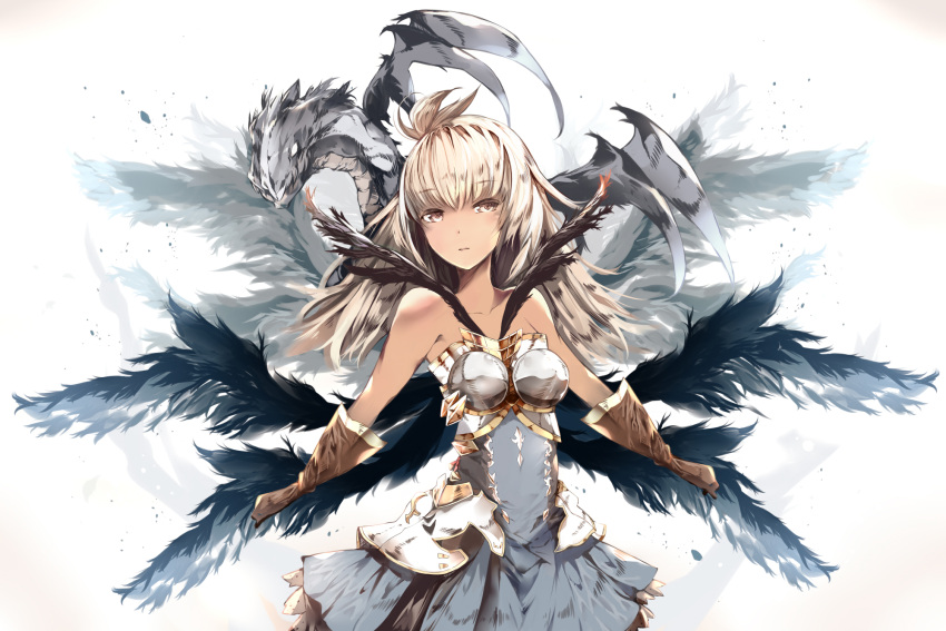 1girl animal armor armored_dress bangs bare_shoulders black_wings blush breasts brown_eyes brown_gloves collarbone commentary_request dark_skin dragon dress eyebrows_visible_through_hair feathered_wings gloves granblue_fantasy hair_between_eyes head_tilt highres light_brown_hair long_hair looking_at_viewer medium_breasts multiple_wings parted_lips solo the_order_grande venomrobo white_background white_dress wings