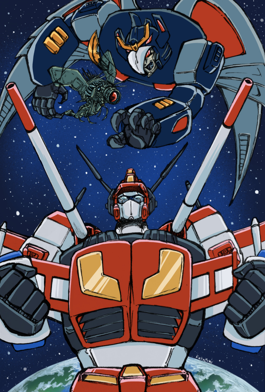 2boys 80s autobot blue_eyes cannon clenched_hands deathsaurus decepticon fighting_stance from_above from_below highres insignia looking_down looking_up mechanical_wings multiple_boys nihonnsei no_humans oldschool open_mouth red_eyes standing star star_saber_(transformers) starry_background teeth transformers transformers_victory upper_body weapon wings