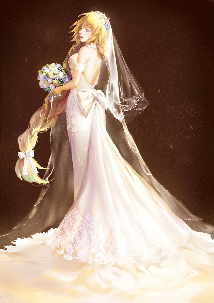 1girl :d absurdly_long_hair absurdres arm_strap backless_outfit blonde_hair blue_flower bouquet bow braid bridal_veil butterfly_hair_ornament captain_an dress fate/apocrypha fate_(series) floating_hair flower from_behind full_body hair_bow hair_ornament highres holding holding_bouquet jeanne_d'arc_(fate) jeanne_d'arc_(fate)_(all) long_dress long_hair looking_back open-back_dress open_mouth ponytail ribbon single_braid sleeveless sleeveless_dress smile solo standing veil very_long_hair violet_eyes white_bow white_dress white_flower white_ribbon