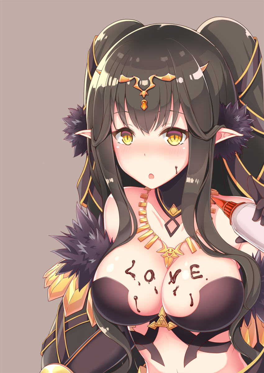 1girl :o bangs bare_shoulders bikini black_bikini black_gloves black_hair blush body_writing breasts chocolate_on_breasts cleavage collarbone detached_collar elbow_gloves english eyebrows_visible_through_hair fate/apocrypha fate/grand_order fate_(series) fur-trimmed_gloves fur_trim gem gloves grey_background highres holding index_finger_raised jewelry kana_(ky4696) large_breasts long_hair looking_at_viewer necklace nose_blush open_mouth pointy_ears semiramis_(fate) shiny shiny_skin sidelocks simple_background solo swimsuit tiara twintails upper_body