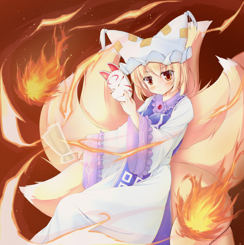 1girl aura blonde_hair breasts brooch closed_mouth commentary_request dress eyebrows_visible_through_hair eyes_visible_through_hair feet_out_of_frame fire fox_mask fox_tail frilled_hat frilled_sleeves frills hat highres holding holding_mask jewelry large_breasts leaning_back light_blush long_dress long_sleeves looking_at_viewer mask multiple_tails ofuda pillow_hat red_background short_hair simple_background solo tabard tail tassel touhou white_dress wide_sleeves yakumo_ran yellow_eyes yuka_(lozdead)