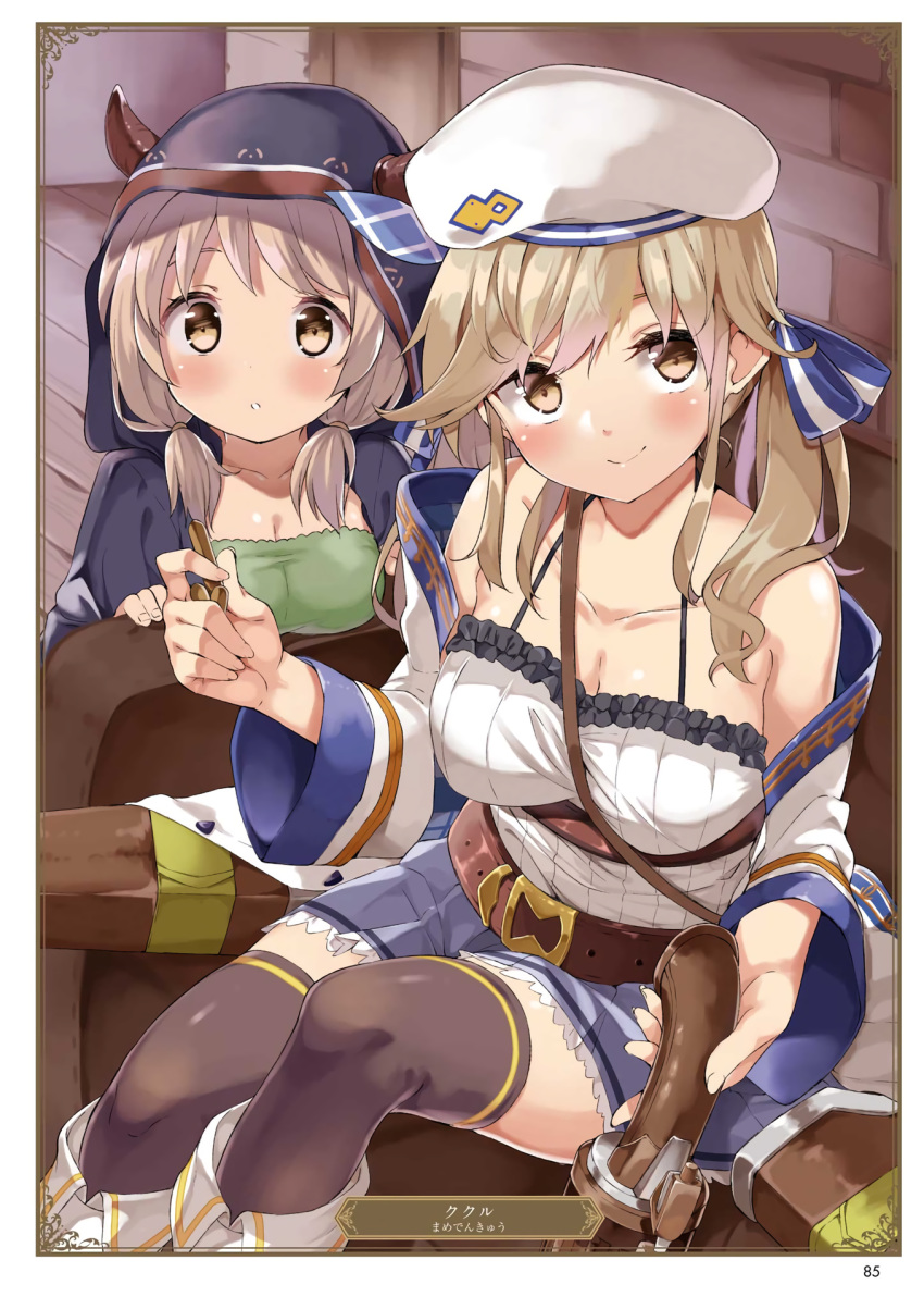 2girls artist_name black_legwear blonde_hair blush breasts brown_eyes brown_hair bullet camieux card_(medium) character_name cleavage cucouroux_(granblue_fantasy) frilled_shirt frills granblue_fantasy grey_skirt gun hair_ribbon hat highres holding holding_gun holding_weapon hood horns indoors large_breasts long_hair looking_at_viewer mamedenkyuu_(berun) miniskirt multiple_girls page_number parted_lips pleated_skirt ribbon shiny shiny_skin shirt short_twintails sitting skirt sleeveless sleeveless_shirt smile striped striped_ribbon thigh-highs twintails weapon white_hat white_shirt wooden_floor