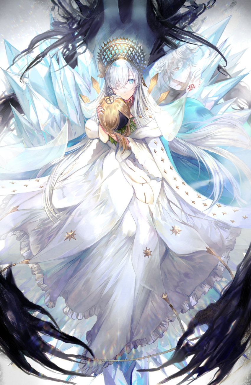 1girl anastasia_(fate/grand_order) blonde_hair blue_eyes crown dress fate/grand_order fate_(series) floating_hair frilled_dress frills hair_ornament hair_over_one_eye highres holding_head long_dress long_hair mini_crown ryokuenya silver_hair solo very_long_hair white_dress