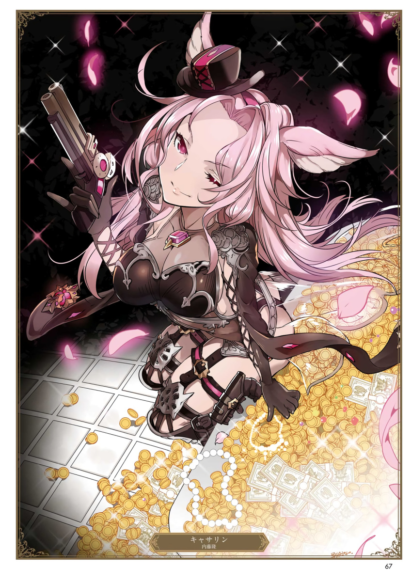 1girl ;) animal_ears artist_name artist_request black_gloves black_leotard boots breasts card_(medium) catharine_(granblue_fantasy) character_name cleavage coin collarbone elbow_gloves floating_hair from_above garter_straps gloves granblue_fantasy gun highres holding holding_gun holding_weapon holster jewelry knee_boots large_breasts leotard long_hair looking_at_viewer necklace necklace_removed one_eye_closed page_number pink_eyes pink_hair sitting smile solo thigh_holster weapon