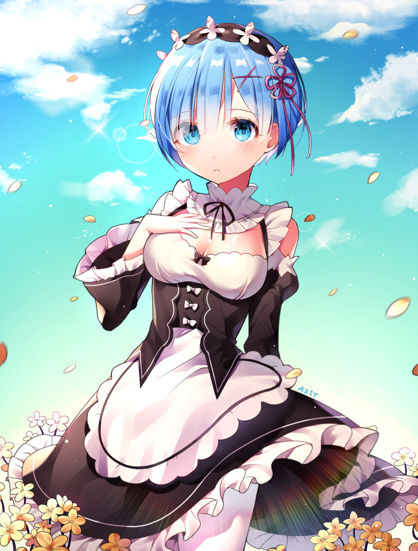 1girl absurdres apron azit_(down) blue_eyes blue_hair blue_sky breasts choker cleavage clouds cowboy_shot day detached_sleeves flower frilled_apron frills hair_flower hair_ornament hair_ribbon head_wreath highres medium_breasts neck_ribbon outdoors pantyhose petals pink_ribbon re:zero_kara_hajimeru_isekai_seikatsu rem_(re:zero) ribbon shiny shiny_skin short_hair sky solo standing white_apron white_flower white_legwear yellow_flower