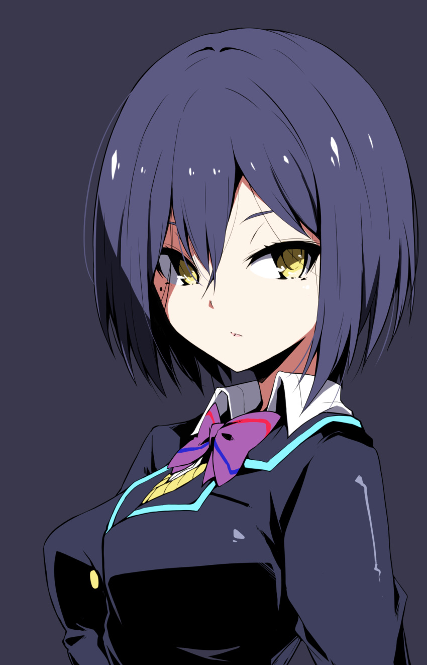 1girl :&lt; bangs black_background black_jacket blazer bow bowtie breasts close-up closed_mouth face highres jacket kaname_nagi looking_at_viewer medium_breasts mole mole_under_eye nijisanji portrait purple_bow purple_hair purple_neckwear school_uniform shiny shiny_hair shizuka_rin short_hair simple_background solo tsurime upper_body virtual_youtuber wing_collar yellow_eyes