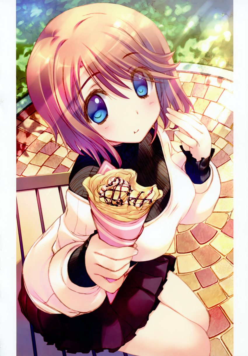 1girl absurdres amazuyu_tatsuki black_shirt blue_eyes brown_hair crepe day eating eyebrows_visible_through_hair food from_above hair_between_eyes highres holding holding_food komaki_manaka miniskirt outdoors pleated_skirt red_skirt shirt short_hair skirt solo sunlight sweater to_heart to_heart_2 white_sweater