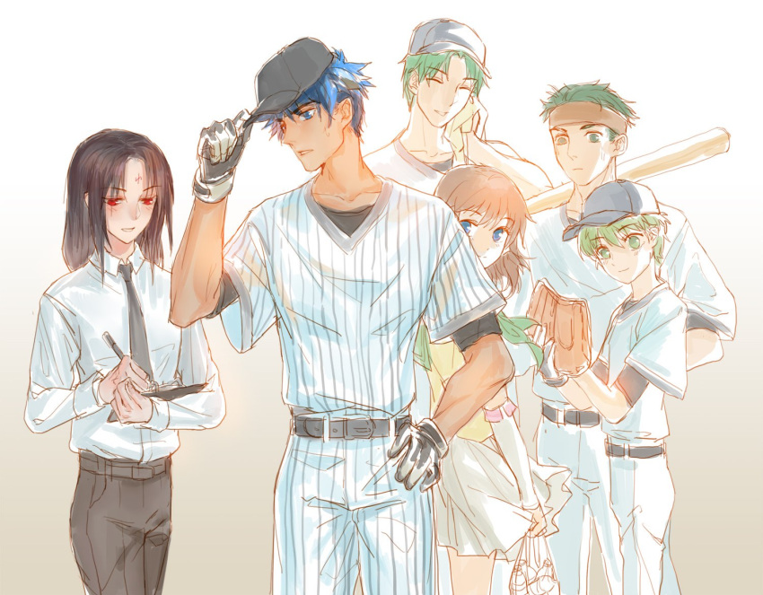 1girl artist_request baseball_cap blue_eyes blue_hair blush boyd_(fire_emblem) brown_hair fire_emblem fire_emblem:_souen_no_kiseki gloves green_eyes green_hair hair_tubes hat ike long_hair mist_(fire_emblem) open_mouth oscar rolf scarf short_hair simple_background smile soren