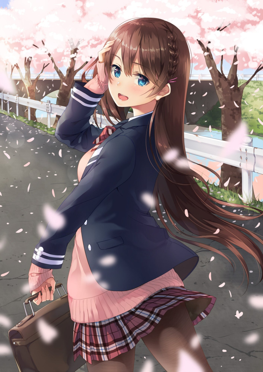 1girl :d black_jacket blue_eyes bow bowtie brown_hair brown_legwear cherry_blossoms cowboy_shot day floating_hair from_behind hair_between_eyes hand_on_head highres holding_bag jacket long_hair miniskirt open_clothes open_jacket open_mouth original outdoors pantyhose pink_sweater pleated_skirt red_bow red_neckwear skirt smile solo standing sweater unasaka_ryou very_long_hair