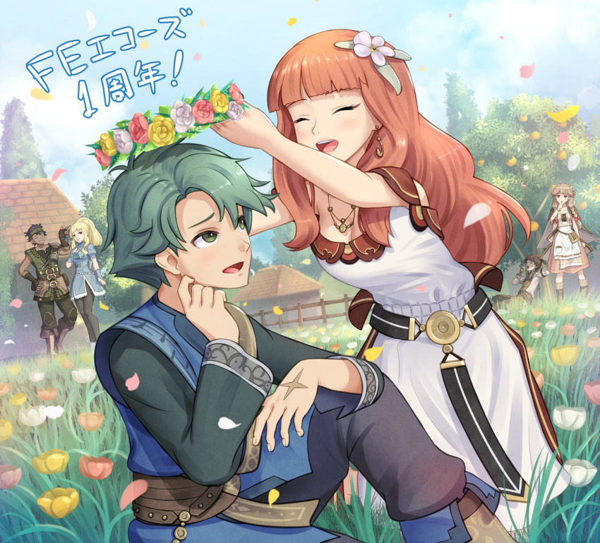 alm_(fire_emblem) armor blonde_hair brown_eyes cape celica_(fire_emblem) clair_(fire_emblem) dark_skin dress earrings effie_(fire_emblem) fingerless_gloves fire_emblem fire_emblem_echoes:_mou_hitori_no_eiyuuou flower gloves gonzarez green_hair grey_(fire_emblem) helmet highres jewelry long_hair multiple_boys open_mouth polearm red_eyes redhead robin_(fire_emblem_gaiden) shoulder_armor smile tiara tobin_(fire_emblem) translation_request weapon