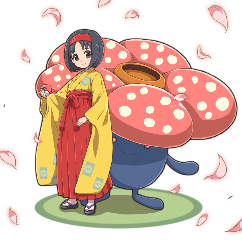 1girl bangs bob_cut brown_eyes cherry_blossoms closed_mouth erika_(pokemon) eyebrows eyebrows_visible_through_hair eyelashes facing_away gen_1_pokemon geta greyscale gym_leader hairband hakama hakama_skirt haori high-waist_skirt highres holding holding_poke_ball japanese_clothes legs_apart long_skirt long_sleeves monochrome nazonazo_(nazonazot) parted_bangs petals pleated_skirt poke_ball poke_ball_(generic) poke_ball_print pokemon pokemon_(creature) pokemon_(game) pokemon_frlg red_hairband red_hakama red_skirt short_hair simple_background skirt smile socks solo standing vileplume white_background white_legwear wide_sleeves