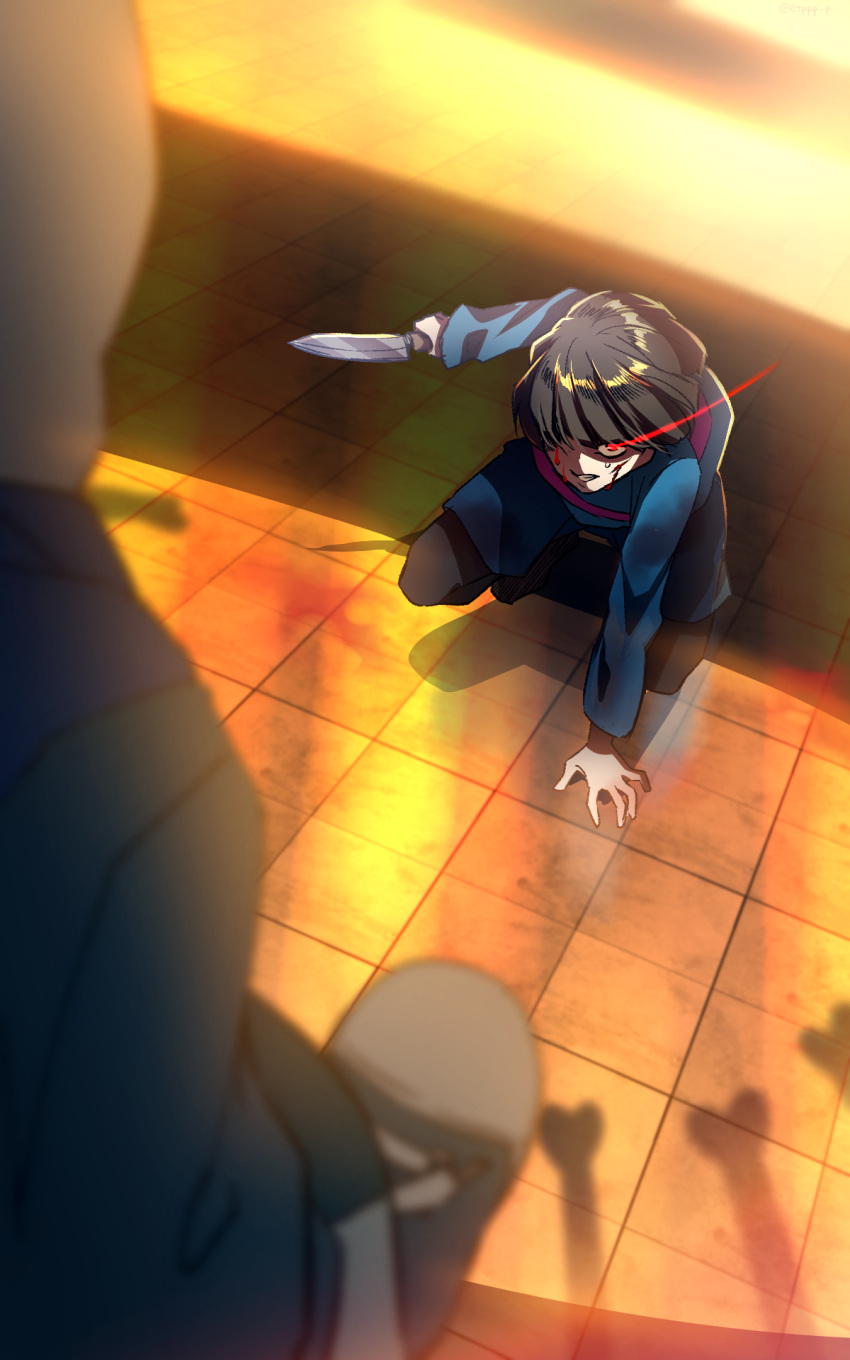 1boy angry black_hair black_pants blood blood_on_face blue_shirt bone character_request floor highres holding holding_knife knife open_mouth pants red_eyes sans shadow shirt shoes short_hair sneakers undertale user_fmwk3744