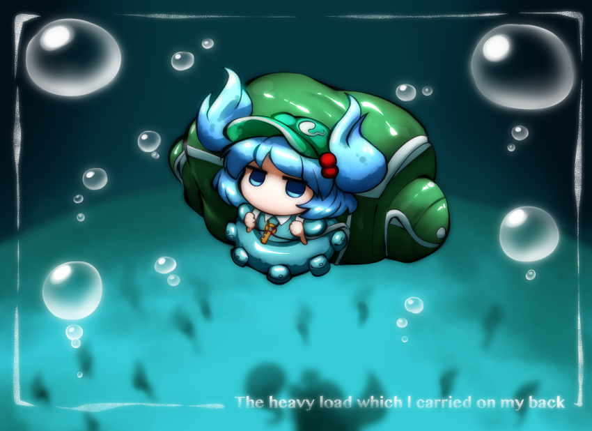 2girls backpack bag blue_hair bubble hair_bobbles hair_ornament hat kashuu_(b-q) kawashiro_nitori key konpaku_youmu konpaku_youmu_(ghost) multiple_girls shadow short_hair touhou twintails underwater