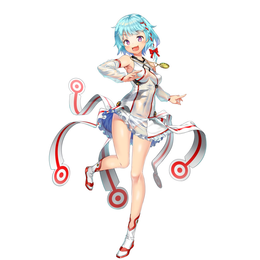 1girl :d blue_hair braid breasts breasts_apart detached_sleeves dress full_body hair_ribbon highres kansen_shoujo_(game) medium_breasts one_leg_raised open_mouth red_ribbon ribbon see-through short_dress short_hair_with_long_locks side_braid sidelocks simple_background smile solo standing standing_on_one_leg violet_eyes white_background white_dress