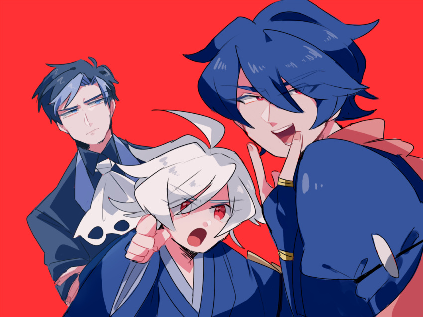 3boys :d :o ahoge blue_eyes blue_hair crossed_arms empoleon error gotoroku_(pkg) greninja grey_hair hair_between_eyes hand_up looking_at_another male_focus multiple_boys open_mouth personification pink_scarf pointing pointing_at_viewer pokemon red_background red_eyes samurott scarf smile standing upper_body wide_sleeves
