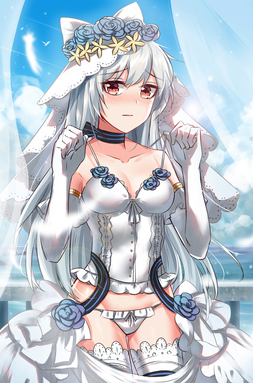 1girl absurdres bangs blue_flower blue_rose blush breasts brown_eyes choker clouds collarbone commentary_request corset cowboy_shot dress elbow_gloves eossim eyebrows_visible_through_hair flower girls_frontline gloves hair_between_eyes hands_up highres lace lace-trimmed_thighhighs lingerie long_hair looking_at_viewer medium_breasts ocean panties railing ribbon_choker rose silver_hair skirt sky solo strap_lift summer thigh-highs tokarev_(girls_frontline) underwear veil water wedding_dress white_corset white_gloves white_panties