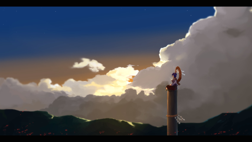 1girl blue_hair blue_sky clouds commentary_request day from_side glint hsin indian_style letterboxed long_sleeves o-ring outdoors pillar short_hair sitting sky solo sunset touhou yasaka_kanako