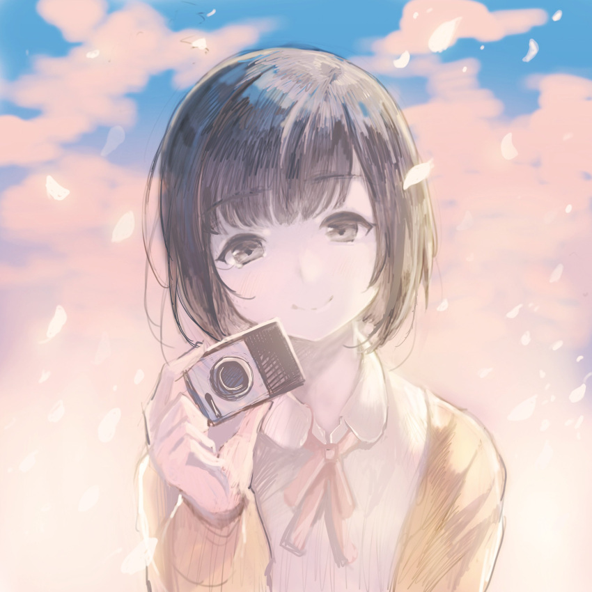 1girl absurdres brown_eyes brown_hair camera clouds cloudy_sky collared_shirt commentary_request day head_tilt highres holding jacket long_sleeves looking_at_viewer neck_ribbon outdoors petals red_ribbon ribbon shirt short_hair sibyl sky smile solo white_shirt wing_collar